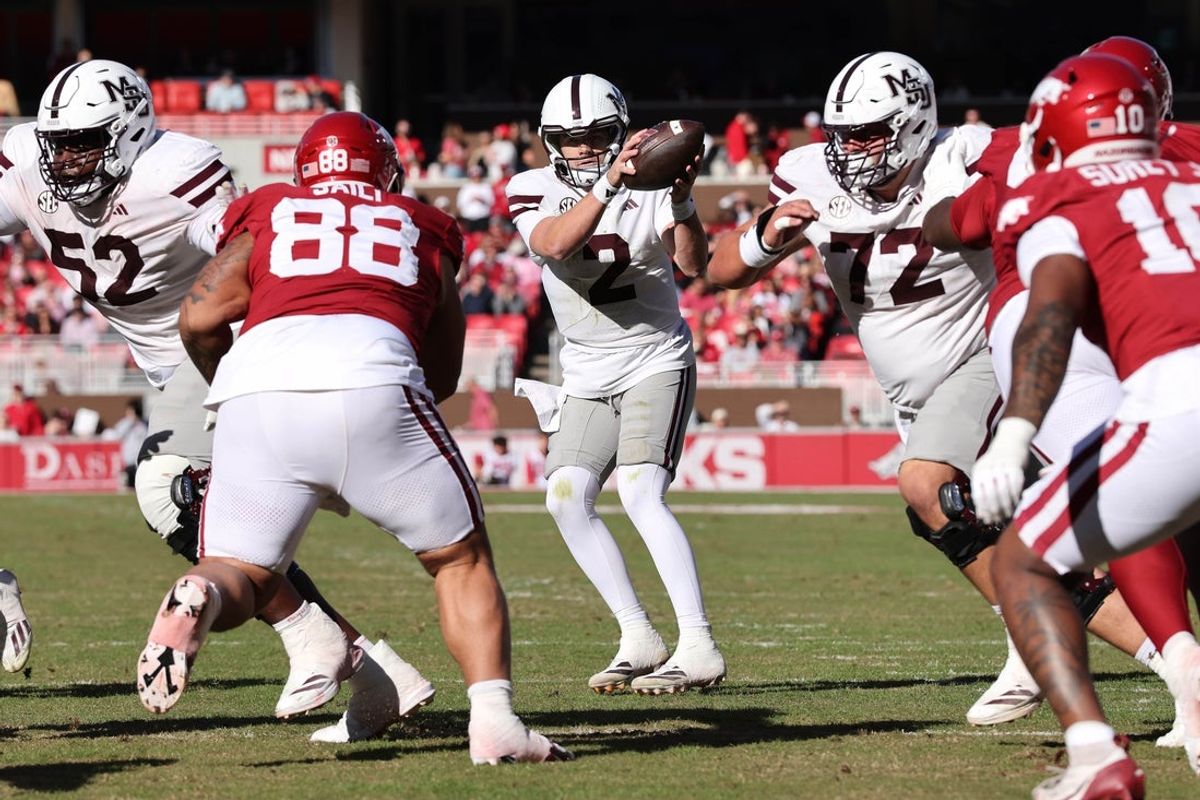 Nov 1, 2025; Fayetteville, Arkansas, USA; Mississippi State Bulldogs quarterback Blake Shapen (2) in shotgun formation during the first quarter against the Arkansas Razorbacks at Donald W. Reynolds Razorback Stadium. Mandatory Credit: Nelson Chenault-Imagn Images