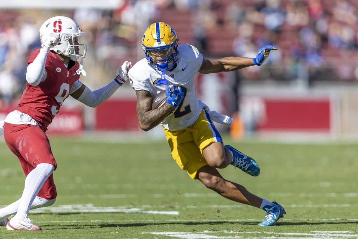 Nov 1, 2025; Stanford, California, USA; Pittsburgh Panthers wide receiver Kenny Johnson (2) runs the ball against the Stanford Cardinal during the second quarter at Stanford Stadium. Mandatory Credit: John Hefti-Imagn Images