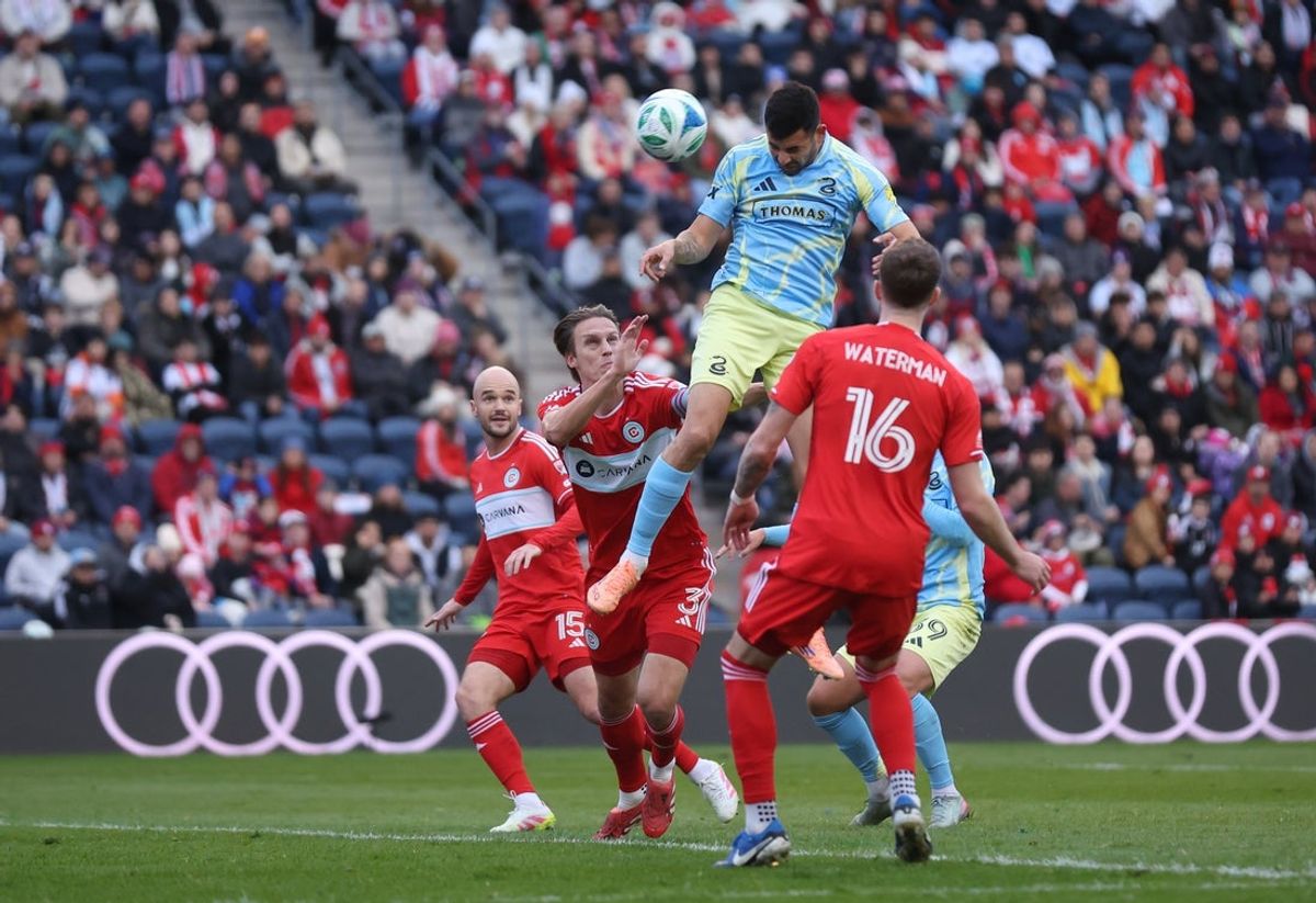 Nov 1, 2025; Bridgeview, Illinois, USA; Philadelphia Union striker Tai Baribo (9) scores a goal during the first half against Chicago Fire FC at SeatGeek Stadium. Mandatory Credit: Talia Sprague-Imagn Images