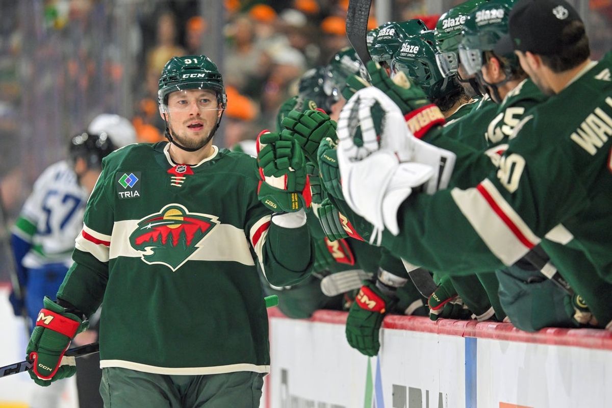 Nov 1, 2025; Saint Paul, Minnesota, USA;  Minnesota Wild forward Vladimir Tarasenko (91) celebrates his power play goal against the Vancouver Canucks during the first period at Grand Casino Arena. Mandatory Credit: Nick Wosika-Imagn Images