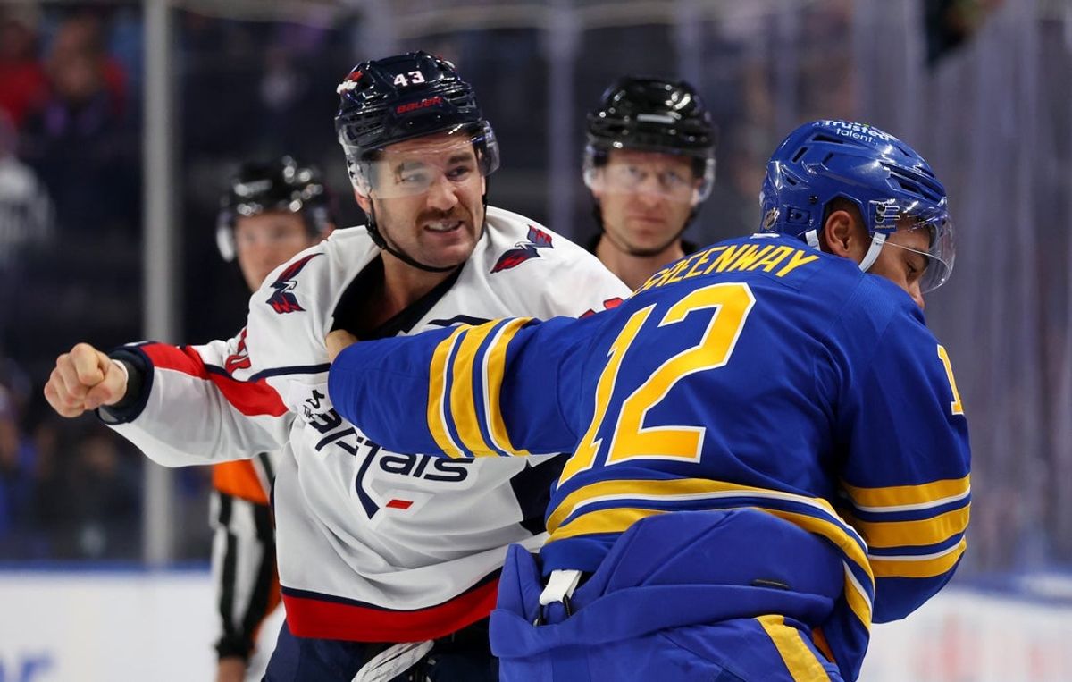 Nov 1, 2025; Buffalo, New York, USA;  Washington Capitals right wing Tom Wilson (43) and Buffalo Sabres left wing Jordan Greenway (12) fight during the first period at KeyBank Center. Mandatory Credit: Timothy T. Ludwig-Imagn Images