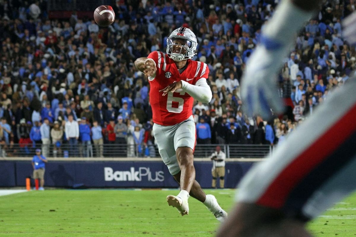 Nov 1, 2025; Oxford, Mississippi, USA; Mississippi Rebels quarterback Trinidad Chambliss (6) passes the ball during the first quarter against the South Carolina Gamecocks at Vaught-Hemingway Stadium. Mandatory Credit: Petre Thomas-Imagn Images