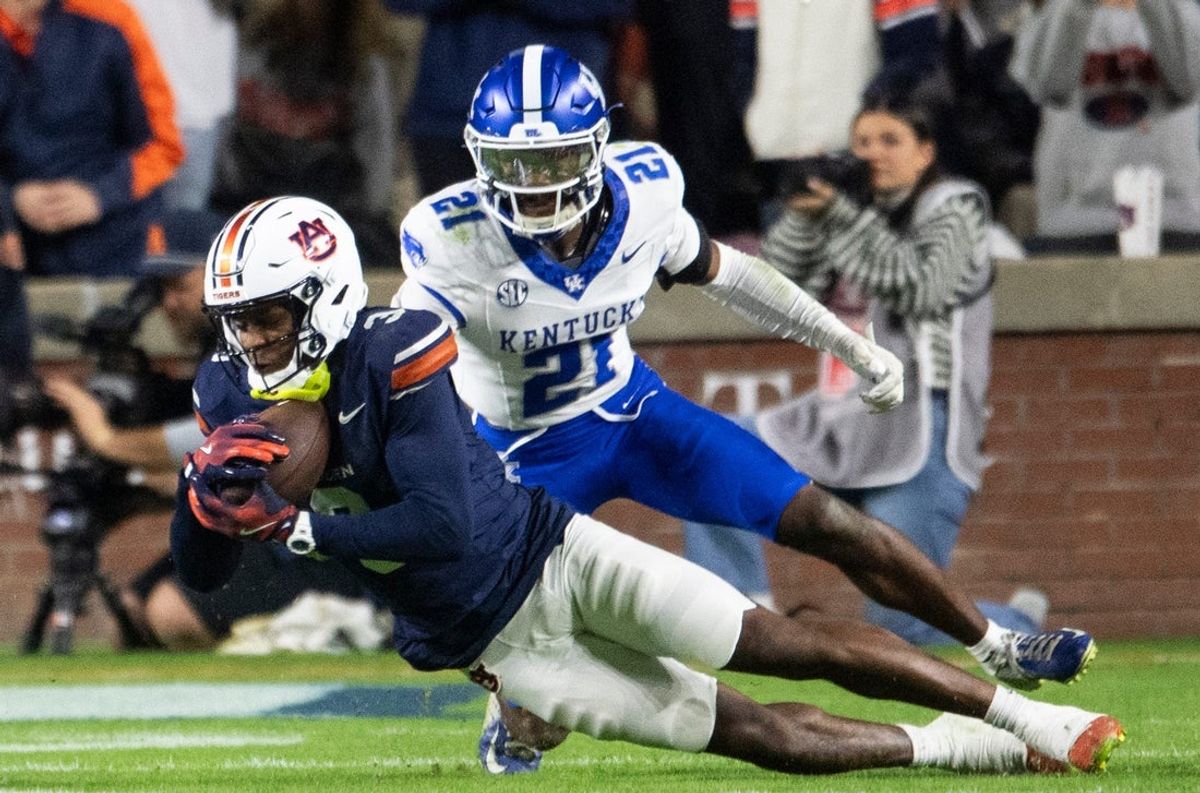 Auburn Tigers wide receiver Perry Thompson (3) catches a pass as Auburn Tigers take on Kentucky Wildcats at Jordan-Hare Stadium in Auburn, Ala. on Saturday, Nov. 1, 2025. Auburn Tigers and Kentucky Wildcats are tied 3-3 at halftime.