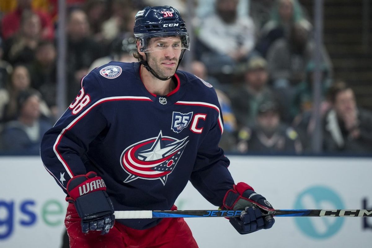 Nov 1, 2025; Columbus, Ohio, USA;  Columbus Blue Jackets center Boone Jenner (38) skates against the St. Louis Blues in the second period at Nationwide Arena. Mandatory Credit: Aaron Doster-Imagn Images