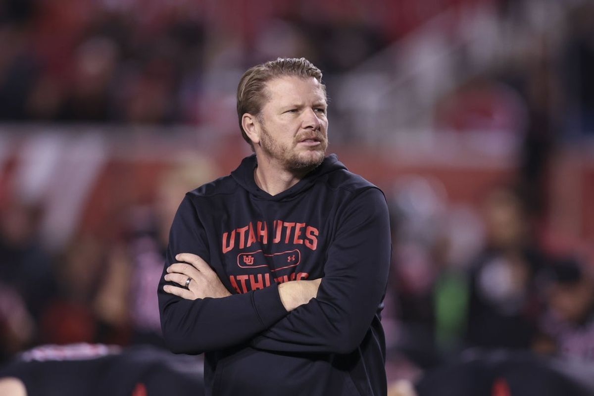Nov 1, 2025; Salt Lake City, Utah, USA; Utah Utes offensive coordinator Jason Beck looks on before the game against the Cincinnati Bearcats at Rice-Eccles Stadium. Mandatory Credit: Rob Gray-Imagn Images