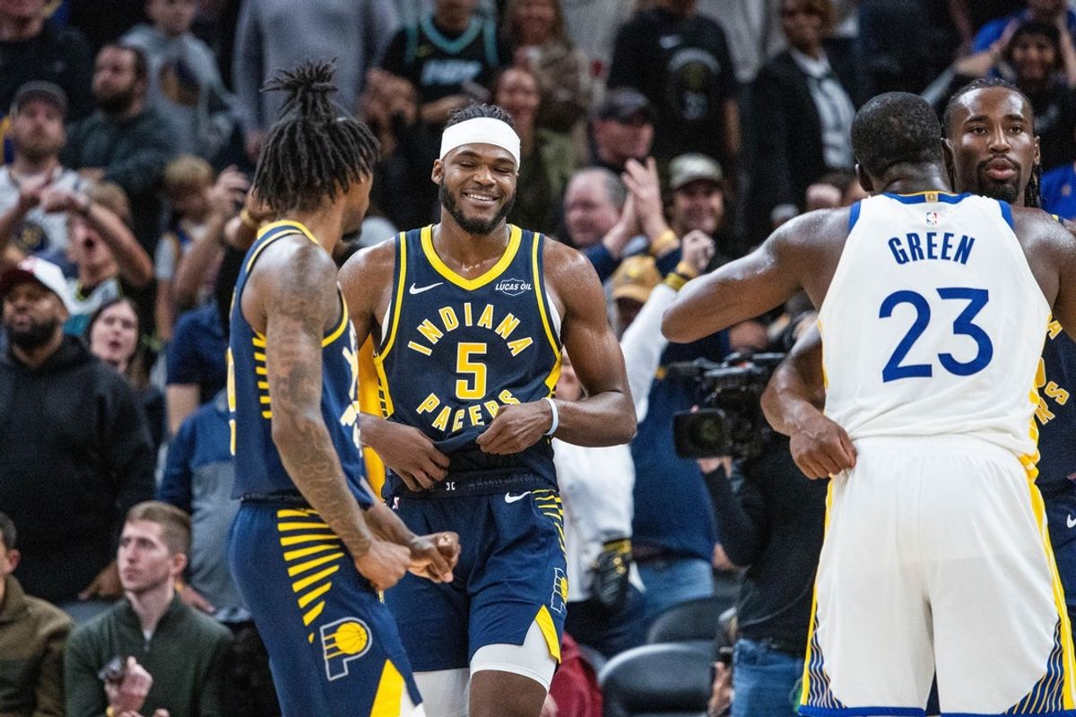 Nov 1, 2025; Indianapolis, Indiana, USA; Indiana Pacers guard Quenton Jackson (29) celebrates a made basket in the second half  against the Golden State Warriors at Gainbridge Fieldhouse. Mandatory Credit: Trevor Ruszkowski-Imagn Images