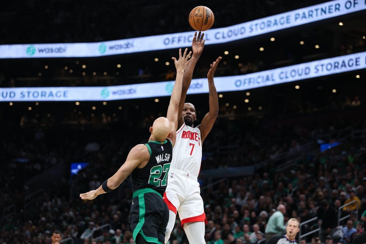 Nov 1, 2025; Boston, Massachusetts, USA; Houston Rockets forward Kevin Durant (7) shoots during the second half against the Boston Celtics at TD Garden. Mandatory Credit: Paul Rutherford-Imagn Images