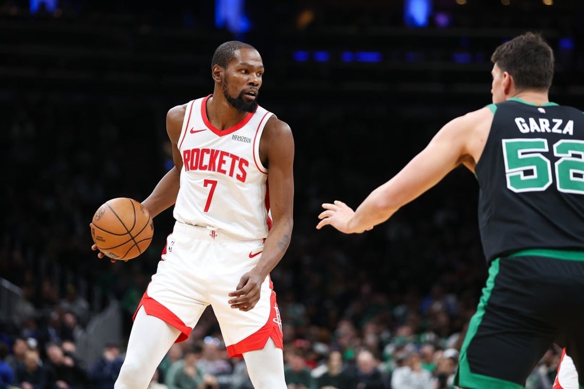 Nov 1, 2025; Boston, Massachusetts, USA; Houston Rockets forward Kevin Durant (7) reacts during the second half against the Boston Celtics at TD Garden. Mandatory Credit: Paul Rutherford-Imagn Images
