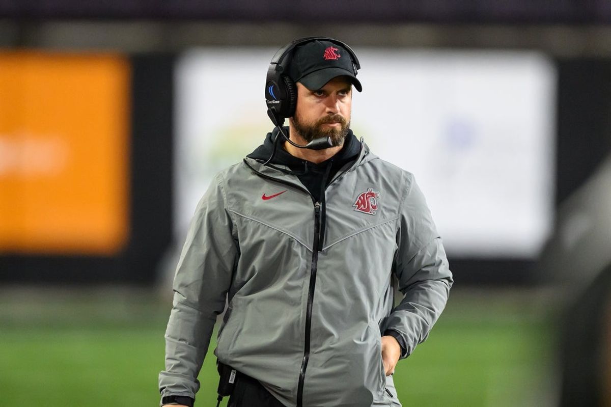 Nov 1, 2025; Corvallis, Oregon, USA; Washington State Cougars head coach Jimmy Rogers during a time out in the 4th quarter against the Oregon State Beavers at Reser Stadium. Mandatory Credit: Craig Strobeck-Imagn Images