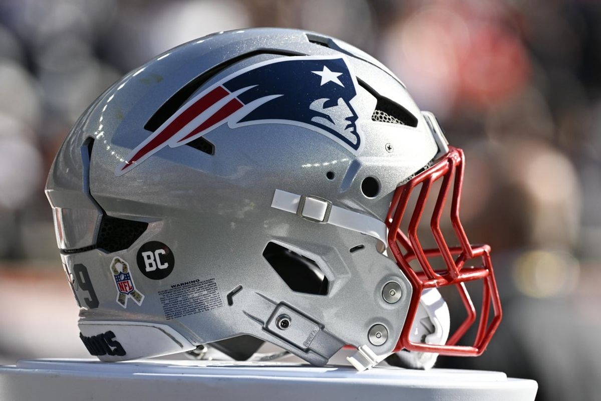 Nov 2, 2025; Foxborough, Massachusetts, USA;  Detail view of a New England Patriots helmet prior to the game against the Atlanta Falcons at Gillette Stadium. Mandatory Credit: Eric Canha-Imagn Images
