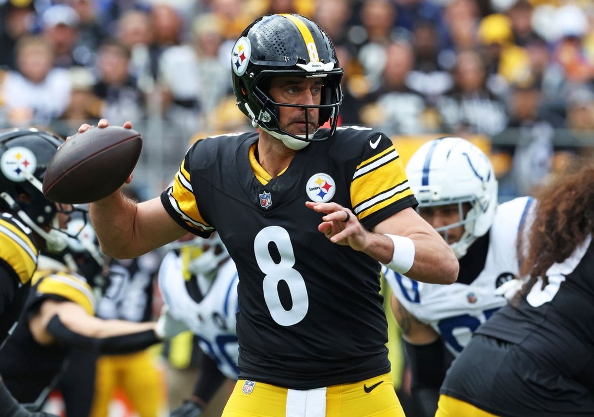 Nov 2, 2025; Pittsburgh, Pennsylvania, USA; Pittsburgh Steelers quarterback Aaron Rodgers (8) warms up before the game against the Indianapolis Colts at Acrisure Stadium. Mandatory Credit: Charles LeClaire-Imagn Images