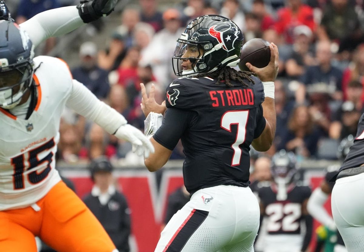 Nov 2, 2025; Houston, Texas, USA; Houston Texans quarterback C.J. Stroud (7) throws during the first half against the Denver Broncos at NRG Stadium. Mandatory Credit: Sean Thomas-Imagn Images