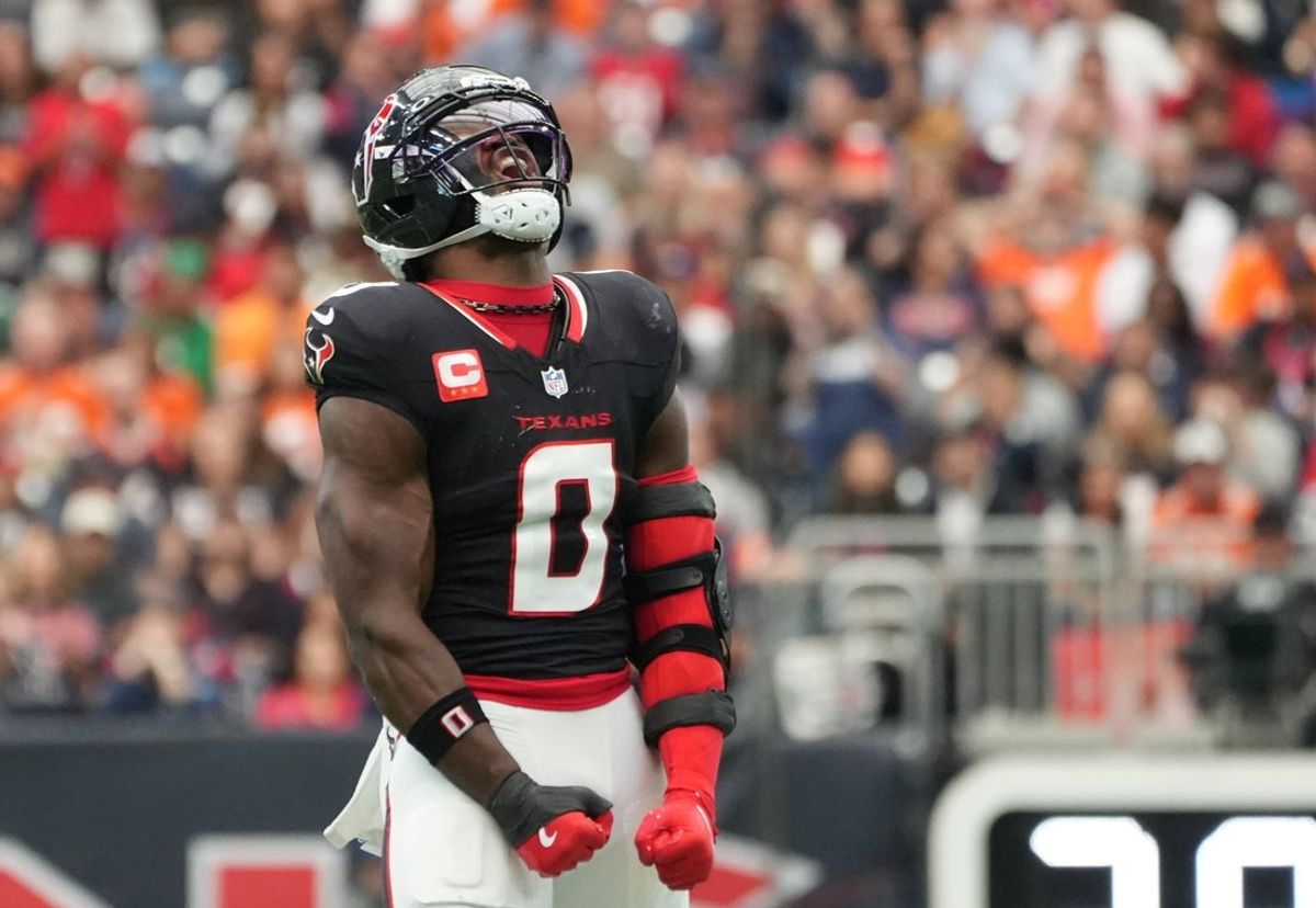 Nov 2, 2025; Houston, Texas, USA; Houston Texans linebacker Azeez Al-Shaair (0) reacts after a play during the first half against the Denver Broncos at NRG Stadium. Mandatory Credit: Sean Thomas-Imagn Images