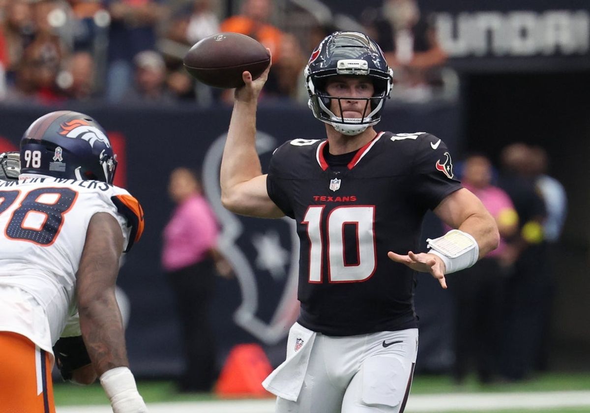 Nov 2, 2025; Houston, Texas, USA; Houston Texans quarterback Davis Mills (10) throws during the first half against the Denver Broncos at NRG Stadium. Mandatory Credit: Thomas Shea-Imagn Images