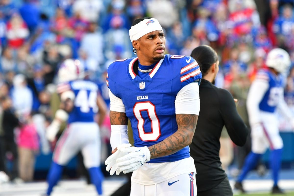 Nov 2, 2025; Orchard Park, New York, USA; Buffalo Bills wide receiver Keon Coleman (0) warms up before the game against the Kansas City Chiefs at Highmark Stadium. Mandatory Credit: Mark Konezny-Imagn Images