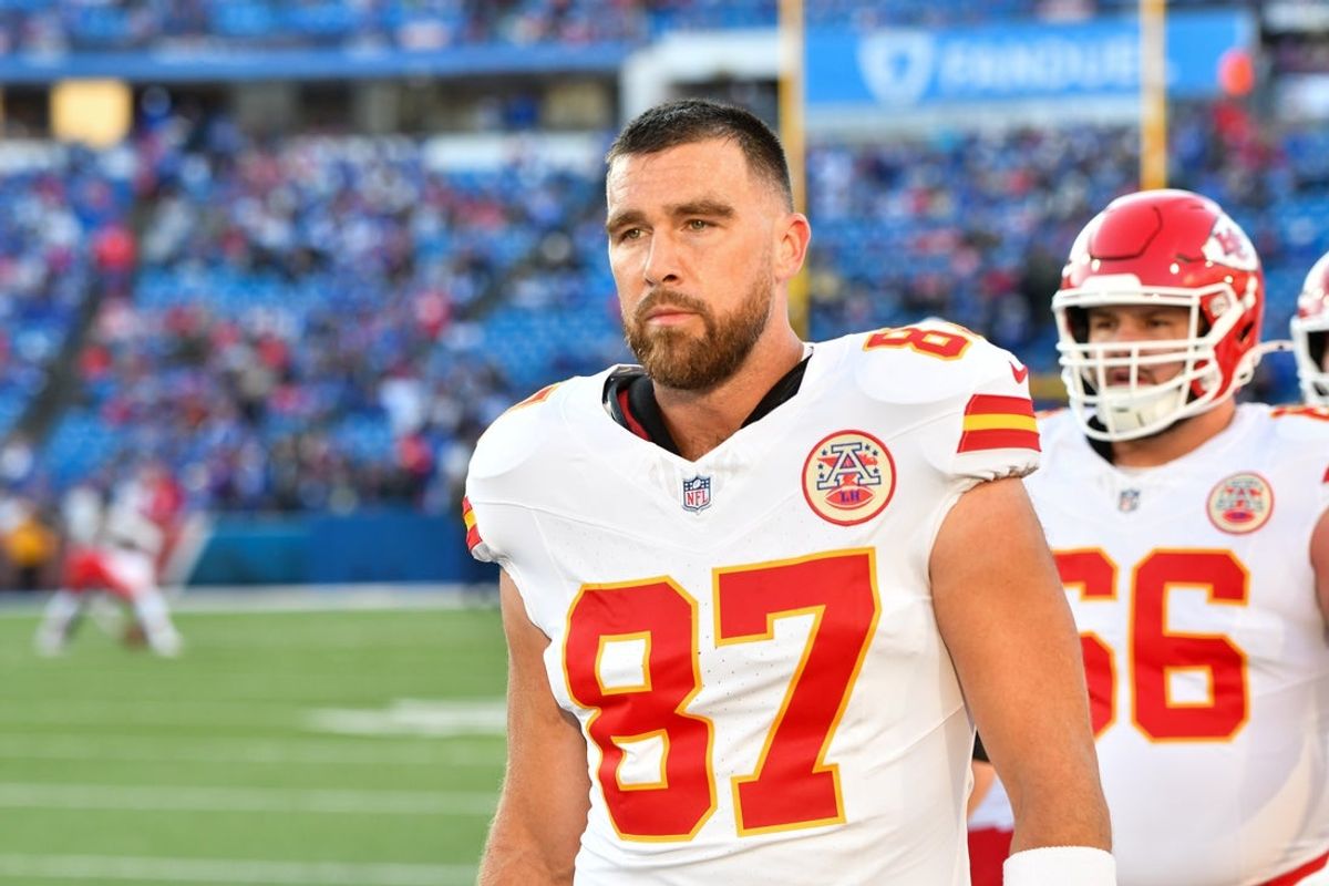 Nov 2, 2025; Orchard Park, New York, USA; Kansas City Chiefs tight end Travis Kelce (87) walks the sideline before the game against the Buffalo Bills at Highmark Stadium. Mandatory Credit: Mark Konezny-Imagn Images