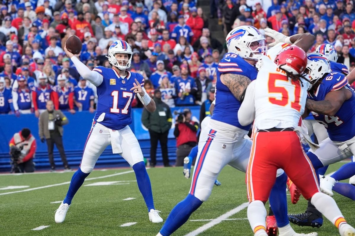 Nov 2, 2025; Orchard Park, New York, USA; Buffalo Bills quarterback Josh Allen (17)  passes the ball in the first quarter against the Kansas City Chiefs at Highmark Stadium. Mandatory Credit: Gregory Fisher-Imagn Images