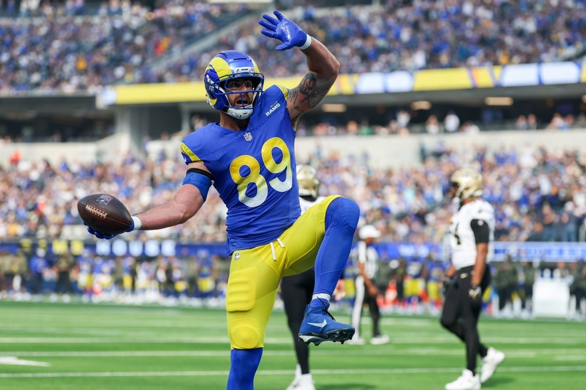 Nov 2, 2025; Inglewood, California, USA; Los Angeles Rams tight end Tyler Higbee (89) reacts after scoring a touchdown against the New Orleans Saints during the first half at SoFi Stadium. Mandatory Credit: Kiyoshi Mio-Imagn Images