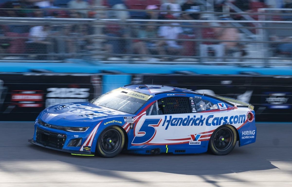 Nov 2, 2025; Avondale, Arizona, USA; NASCAR Cup Series driver Kyle Larson (5) during the NASCAR Championship race at Phoenix Raceway. Mandatory Credit: Mark J. Rebilas-Imagn Images