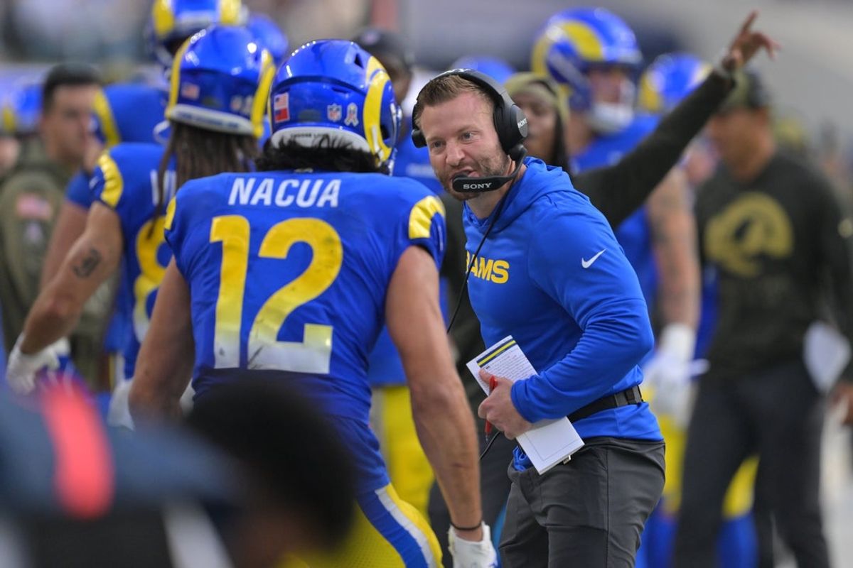 Nov 2, 2025; Inglewood, California, USA; Los Angeles Rams head coach Sean McVay and wide receiver Puka Nacua (12) react after a touchdown against the New Orleans Saints during the first half at SoFi Stadium. Mandatory Credit: Jayne Kamin-Oncea-Imagn Images