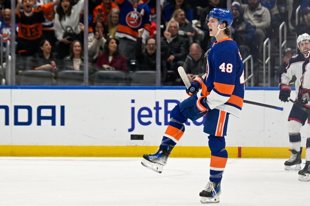 Nov 2, 2025; Elmont, New York, USA;  New York Islanders defenseman Matthew Schaefer (48) celebrates his goal against the Columbus Blue Jackets during the first period at UBS Arena. Mandatory Credit: Dennis Schneidler-Imagn Images