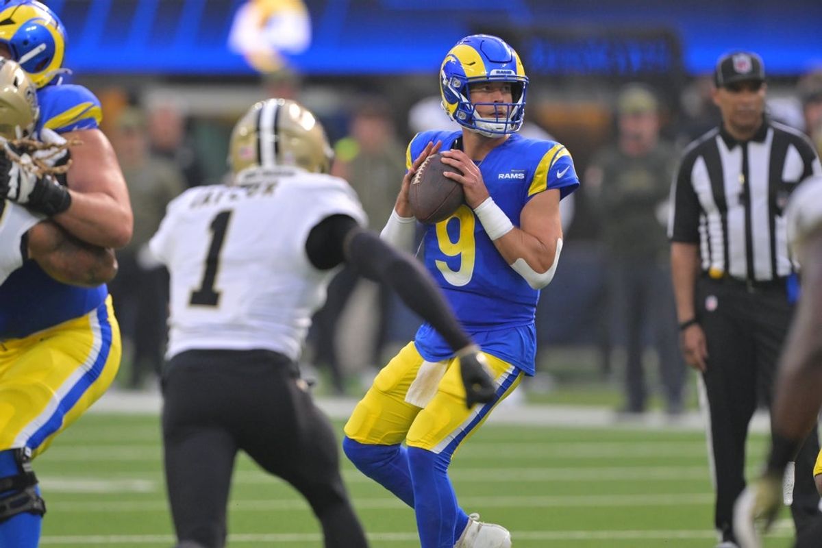 Nov 2, 2025; Inglewood, California, USA; Los Angeles Rams quarterback Matthew Stafford (9) stands in the pocket against the New Orleans Saints during the first half at SoFi Stadium. Mandatory Credit: Jayne Kamin-Oncea-Imagn Images