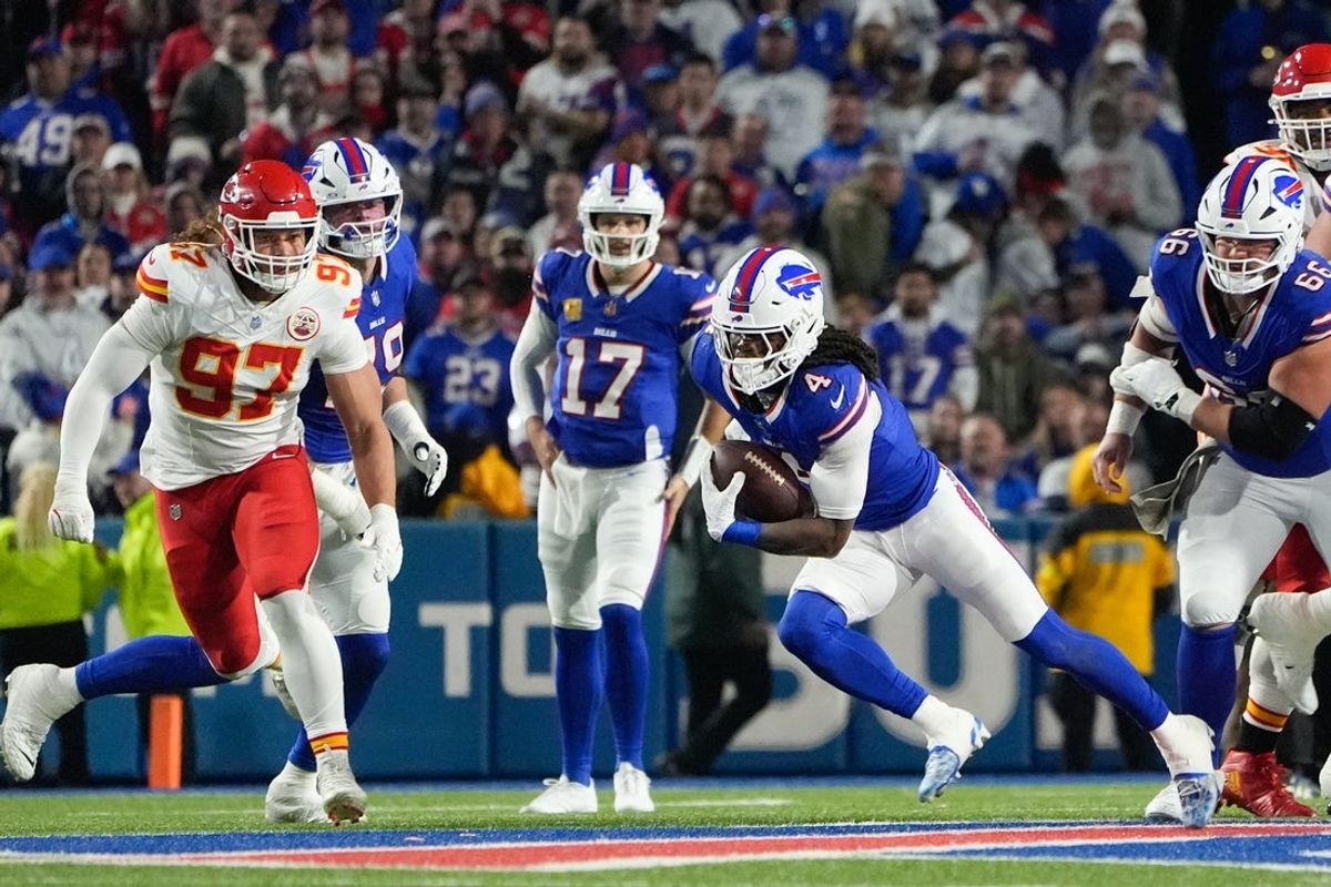 Nov 2, 2025; Orchard Park, New York, USA; Buffalo Bills running back James Cook III (4) runs the ball in the second quarter against the Kansas City Chiefs at Highmark Stadium. Mandatory Credit: Gregory Fisher-Imagn Images