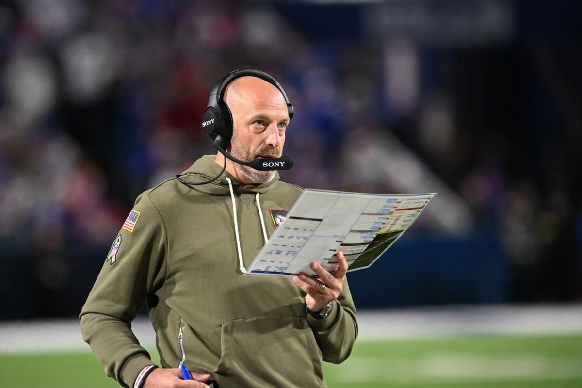Nov 2, 2025; Orchard Park, New York, USA; Kansas City Chiefs offensive coordinator Matt Nagy looks on during the third quarter against the Buffalo Bills at Highmark Stadium. Mandatory Credit: Mark Konezny-Imagn Images
