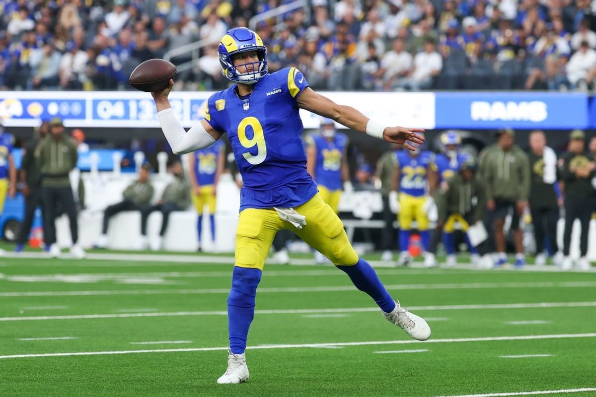 Nov 2, 2025; Inglewood, California, USA; Los Angeles Rams quarterback Matthew Stafford (9) throws a pass against the New Orleans Saints during the second half at SoFi Stadium. Mandatory Credit: Kiyoshi Mio-Imagn Images