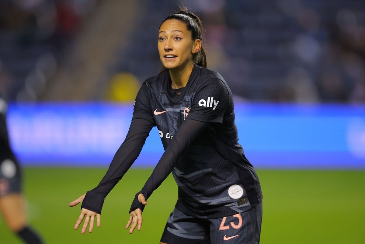 Nov 2, 2025; Bridgeview, Illinois, USA; Angel City FC forward Christen Press (23) calls for the ball against Chicago Stars during the second half of a match at SeatGeek Stadium. Mandatory Credit: Melissa Tamez-Imagn Images