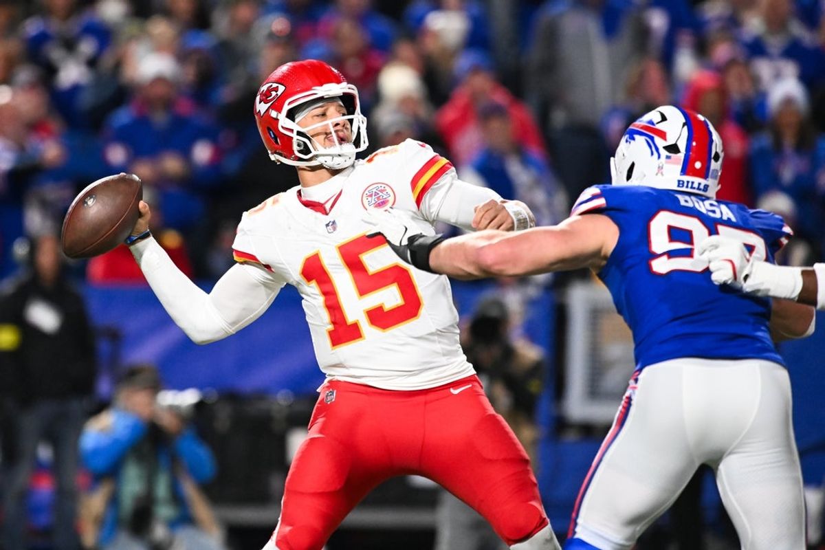 Nov 2, 2025; Orchard Park, New York, USA; Kansas City Chiefs quarterback Patrick Mahomes (15) throws the ball in the second half against the Buffalo Bills at Highmark Stadium. Mandatory Credit: Mark Konezny-Imagn Images