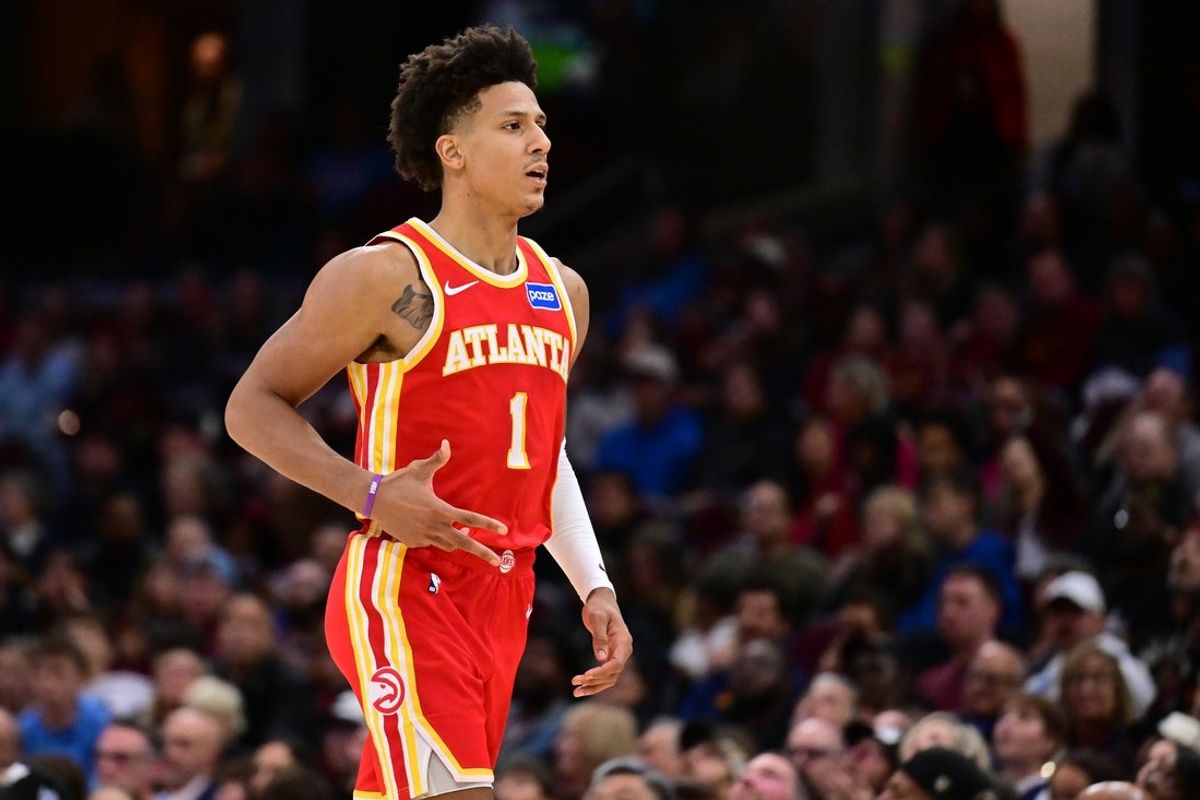 Nov 2, 2025; Cleveland, Ohio, USA; Atlanta Hawks forward Jalen Johnson (1) celebrates after hitting a three point basket against the Cleveland Cavaliers during the second half at Rocket Arena. Mandatory Credit: Ken Blaze-Imagn Images