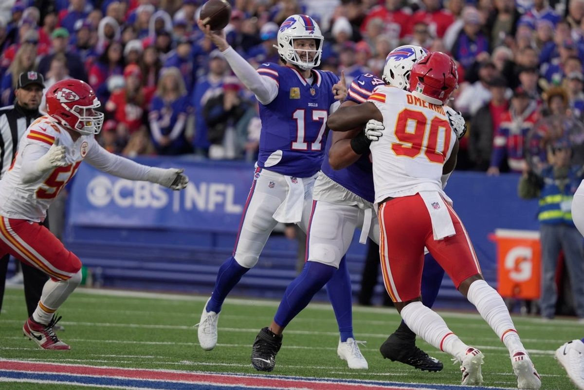 Buffalo Bills quarterback Josh Allen throws a pass during first half action against the Kansas City Chief at Highmark Stadium in Orchard Park on Nov. 2, 2025.