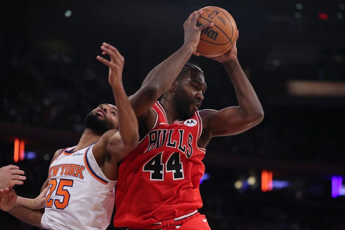 Nov 2, 2025; New York, New York, USA; Chicago Bulls forward Patrick Williams (44) rebounds against New York Knicks guard Mikal Bridges (25) during the second half at Madison Square Garden. Mandatory Credit: Vincent Carchietta-Imagn Images