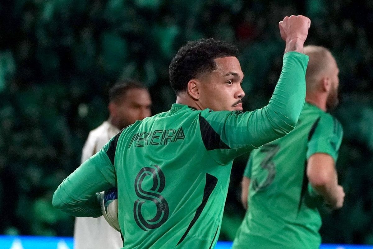 Nov 2, 2025; Austin, Texas, USA; Austin FC midfielder Dani Pereira (8) celebrates a goal during the first half against LAFC at Q2 Stadium. Mandatory Credit: Dustin Safranek-Imagn Images
