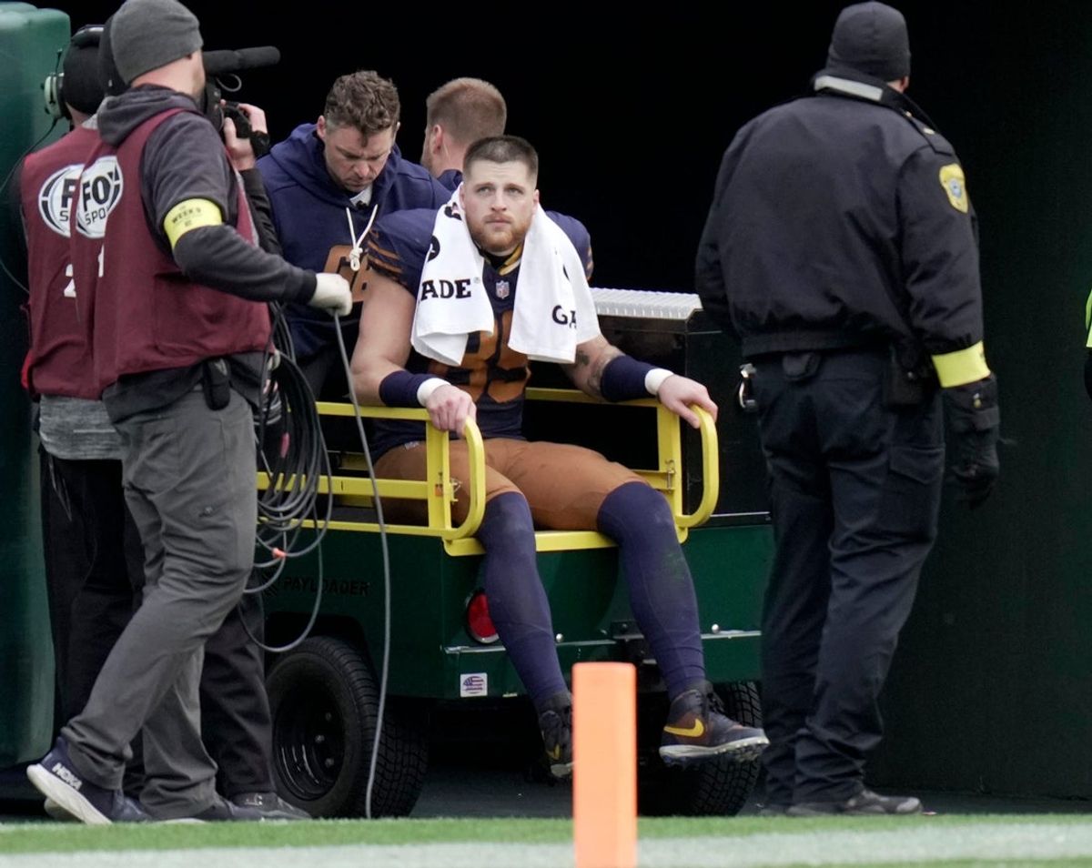 Injured Green Bay Packers tight end Tucker Kraft (85) is carted off the field during the third quarter of their game against the Carolina Panthers Sunday, November 2, 2025 at Lambeau Field in Green Bay, Wisconsin.