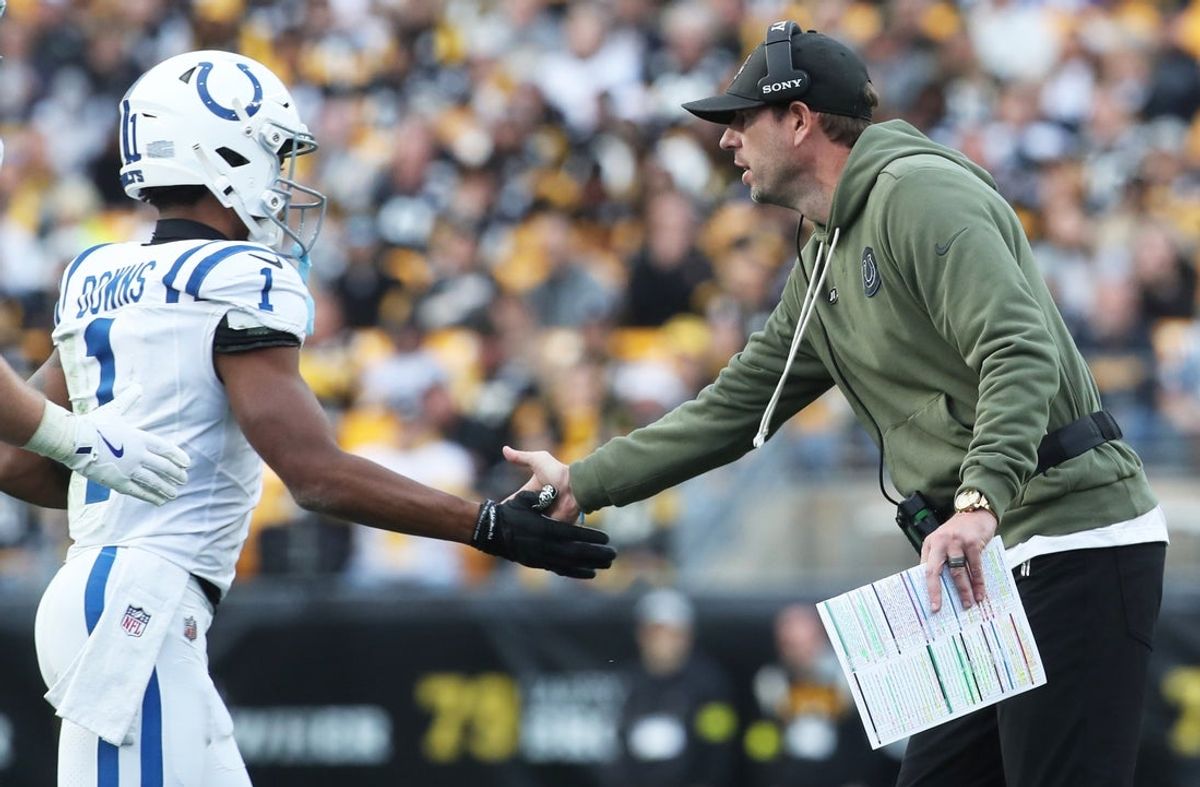 Nov 2, 2025; Pittsburgh, Pennsylvania, USA;  Indianapolis Colts head coach Shane Steichen (right) congratulates wide receiver Josh Downs (1) on his touchdown against the Pittsburgh Steelers during the fourth quarter at Acrisure Stadium. Mandatory Credit: Charles LeClaire-Imagn Images