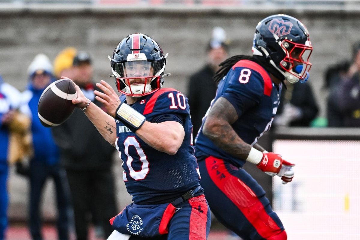 Nov 1, 2025; Montreal, Quebec, Canada; Montreal Alouettes quarterback Davis Alexander (10) passes the ball against the Winnipeg Blue Bombers during the fourth quarter at Percival-Molson stadium. Mandatory Credit: David Kirouac-Imagn Images