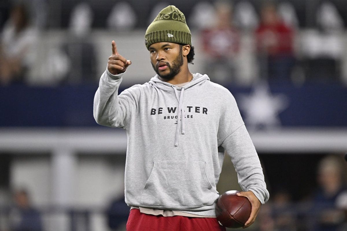 Nov 3, 2025; Arlington, Texas, USA; Arizona Cardinals quarterback Kyler Murray (1) warms up before the game against the Dallas Cowboys at AT&T Stadium. Mandatory Credit: Jerome Miron-Imagn Images