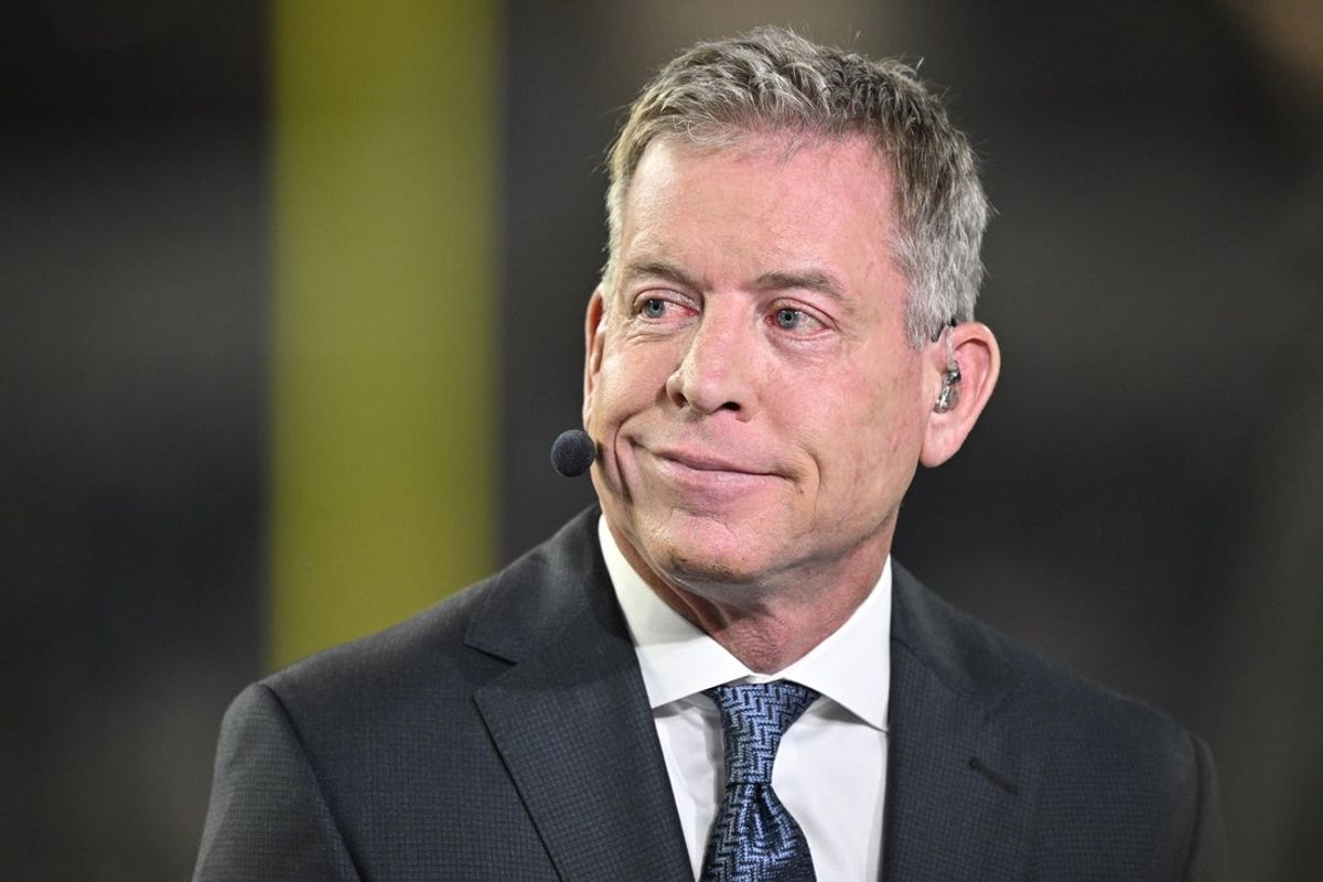 Nov 3, 2025; Arlington, Texas, USA; Television commentator Troy Aikman speaks before the game between the Dallas Cowboys and the Arizona Cardinals at AT&T Stadium. Mandatory Credit: Jerome Miron-Imagn Images