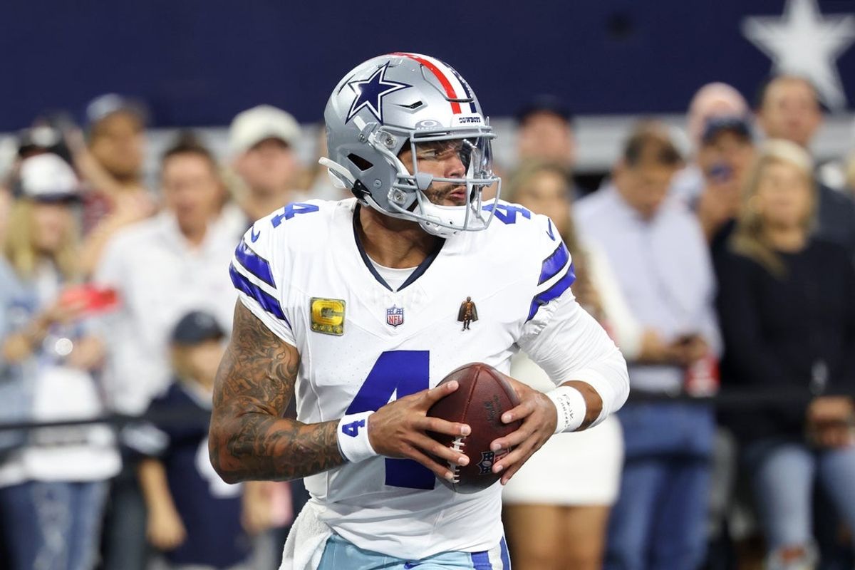 Nov 3, 2025; Arlington, Texas, USA; Dallas Cowboys quarterback Dak Prescott (4) warms up before the game against the Arizona Cardinals at AT&T Stadium. Mandatory Credit: Kevin Jairaj-Imagn Images