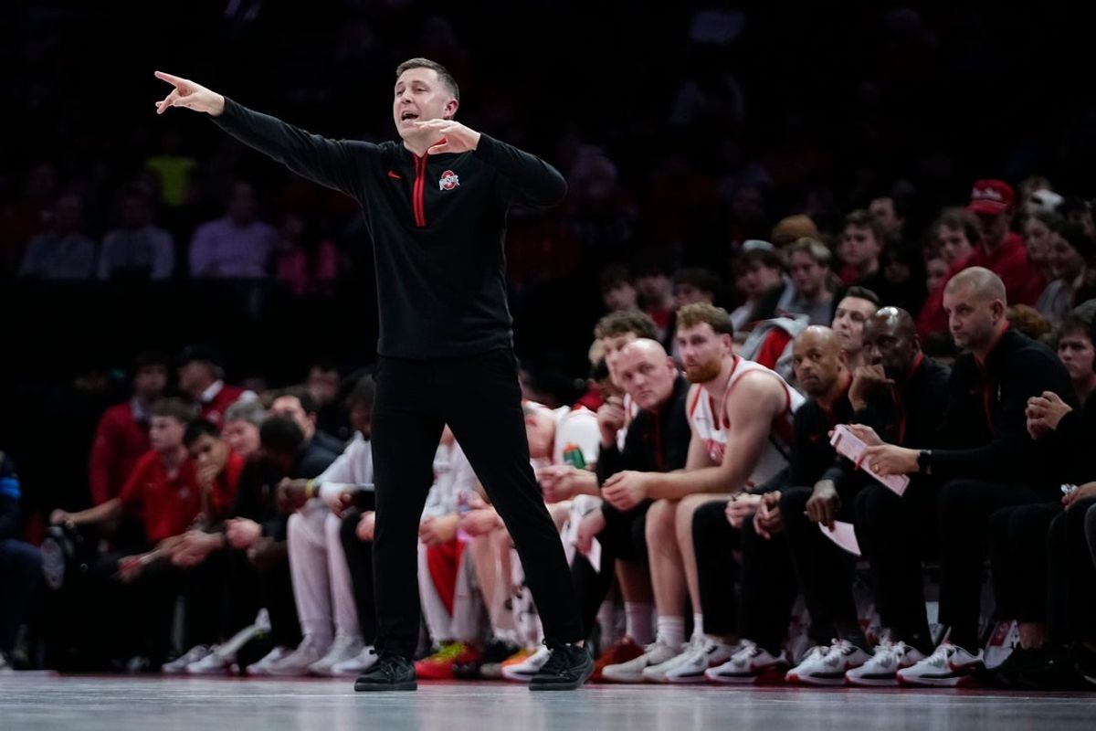 Ohio State Buckeyes head coach Jake Diebler motions during the NCAA men's basketball game against the IU Indy Jaguars at Value City Arena in Columbus on Nov. 3, 2025.