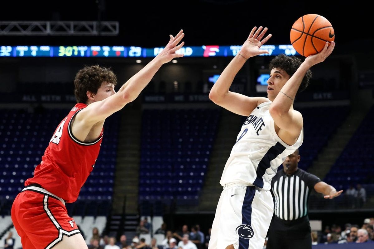 Nov 3, 2025; University Park, Pennsylvania, USA; Penn State Nittany Lions guard Melih Tunca (9) looks to pass the ball as Fairfield Stags guard/forward Declan Wucherpfennig (44) defends during the first half at Bryce Jordan Center. Mandatory Credit: Matthew O'Haren-Imagn Images