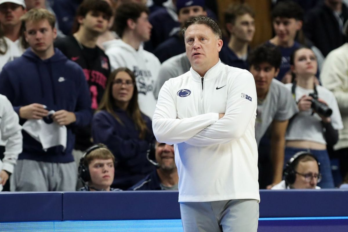 Nov 3, 2025; University Park, Pennsylvania, USA; Penn State Nittany Lions head coach Mike Rhoades during the first half against the Fairfield Stags at Bryce Jordan Center. Mandatory Credit: Matthew O'Haren-Imagn Images