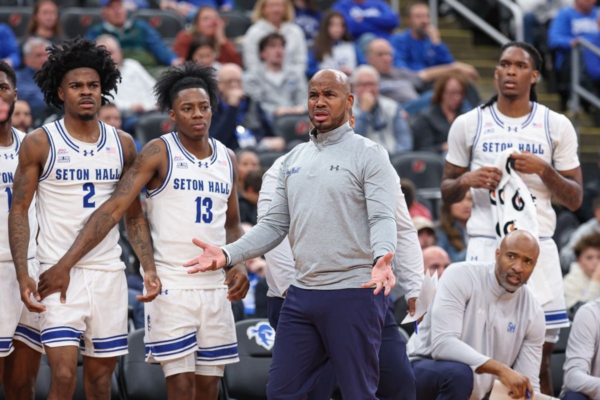 Nov 3, 2025; Newark, New Jersey, USA; Seton Hall Pirates head coach Shaheen Holloway reacts during the first half against the Saint Peter's Peacocks at Prudential Center. Mandatory Credit: Vincent Carchietta-Imagn Images