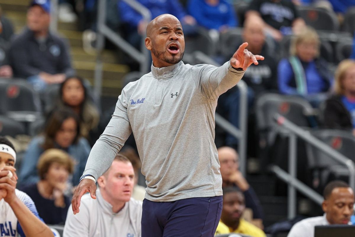 Nov 3, 2025; Newark, New Jersey, USA; Seton Hall Pirates head coach Shaheen Holloway reacts during the first half against the Saint Peter's Peacocks at Prudential Center. Mandatory Credit: Vincent Carchietta-Imagn Images