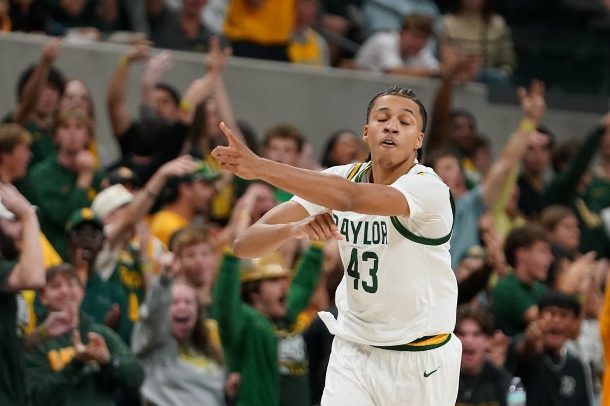 Nov 3, 2025; Waco, Texas, USA; Baylor Bears guard Cameron Carr (43) reacts after a made basket against the UT Rio Grande Valley Vaqueros during the first half at Paul and Alejandra Foster Pavilion. Mandatory Credit: Raymond Carlin III-Imagn Images
