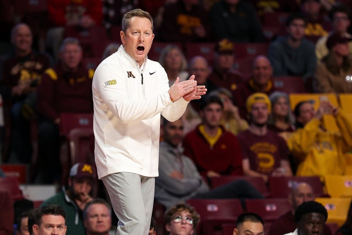 Nov 3, 2025; Minneapolis, Minnesota, USA; Minnesota Golden Gophers head coach Niko Medved reacts during the first half against the Gardner-Webb Runnin' Bulldogs at Williams Arena. Mandatory Credit: Matt Krohn-Imagn Images
