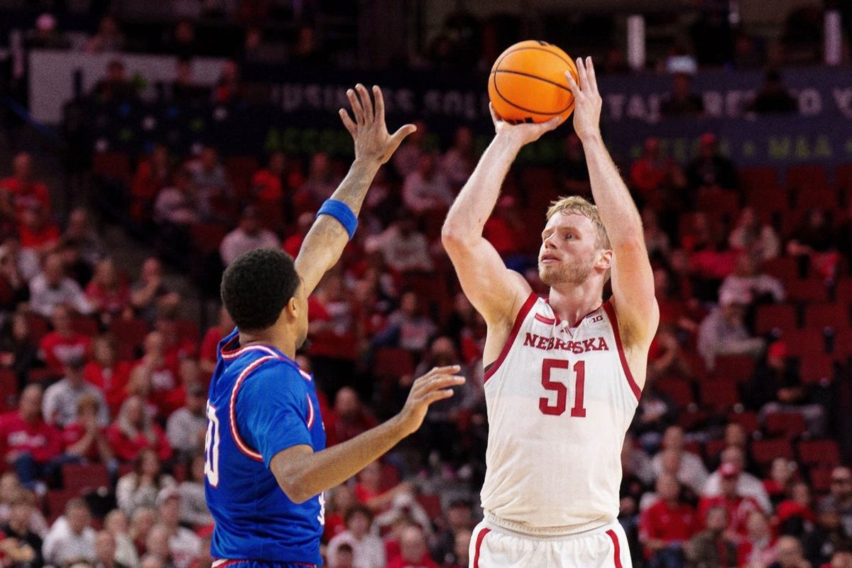 Nov 3, 2025; Lincoln, Nebraska, USA; Nebraska Cornhuskers forward Rienk Mast (51) shoots the ball against West Georgia Wolves guard Josh Smith (10) during the first half at Pinnacle Bank Arena. Mandatory Credit: Dylan Widger-Imagn Images