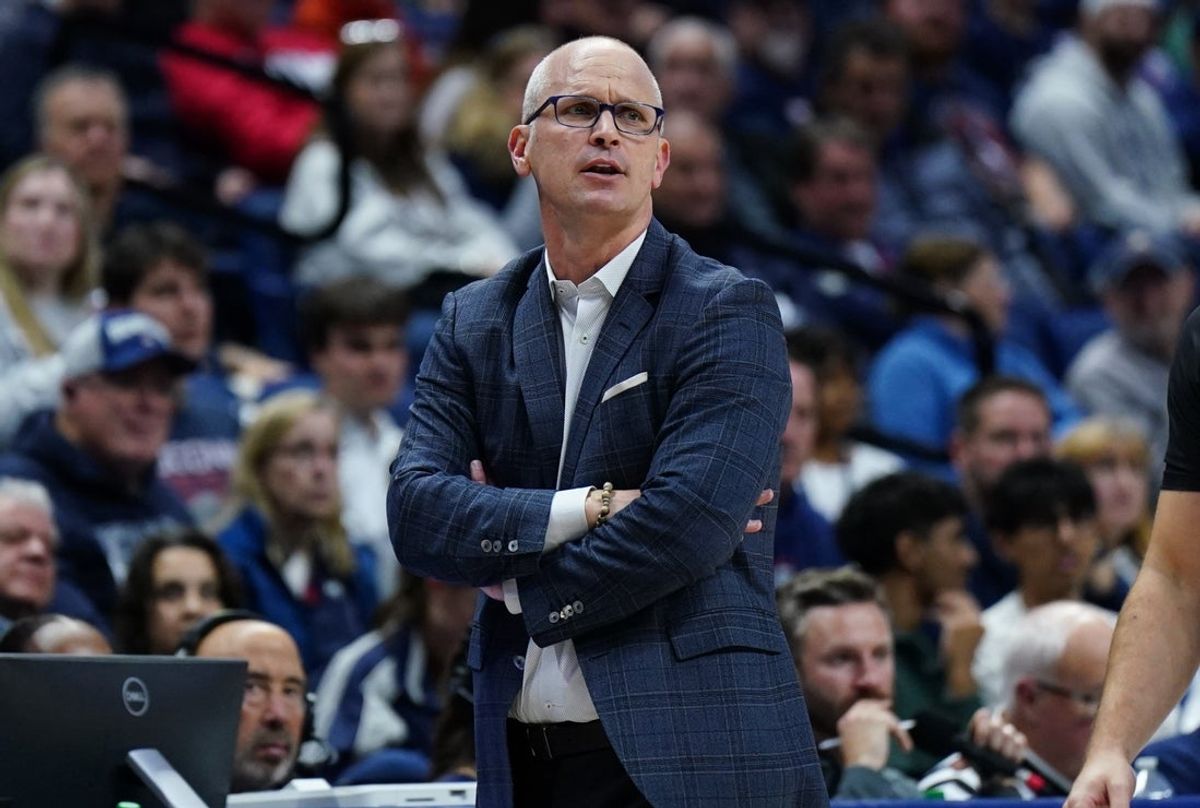 Nov 3, 2025; Storrs, Connecticut, USA; UConn Huskies head coach Dan Hurley watches from the sideline as they take on the New Haven Chargers at Harry A. Gampel Pavilion. Mandatory Credit: David Butler II-Imagn Images